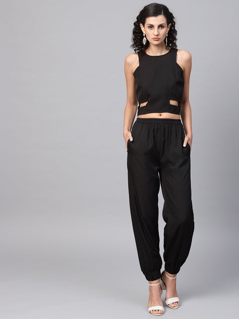 Solid Black tops and palazzo with Cream Floral Printed Jacket