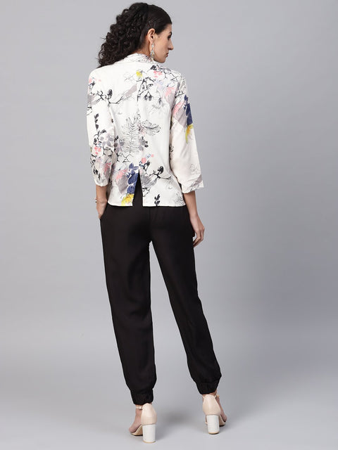 Solid Black tops and palazzo with Cream Floral Printed Jacket
