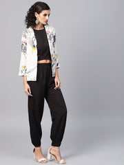 Solid Black tops and palazzo with Cream Floral Printed Jacket