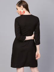 Solid Black dress with Printed Piping & Round Neck