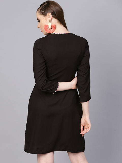 Solid Black dress with Printed Piping & Round Neck