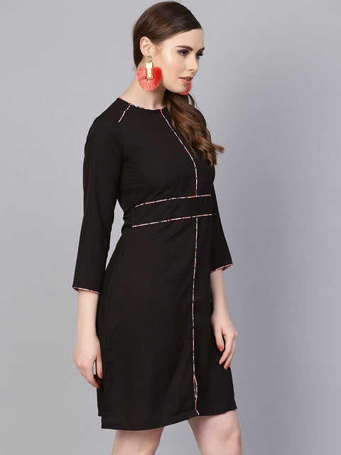 Solid Black dress with Printed Piping & Round Neck