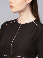 Solid Black dress with Printed Piping & Round Neck