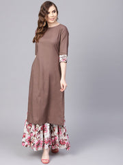 Solid coffee Brown 3/4th sleeve cotton Kurta with Printed Floral Sharara
