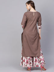 Solid coffee Brown 3/4th sleeve cotton Kurta with Printed Floral Sharara