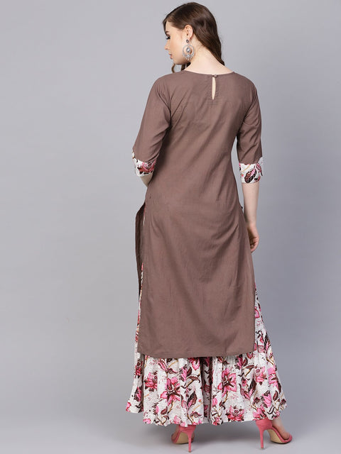 Solid coffee Brown 3/4th sleeve cotton Kurta with Printed Floral Sharara
