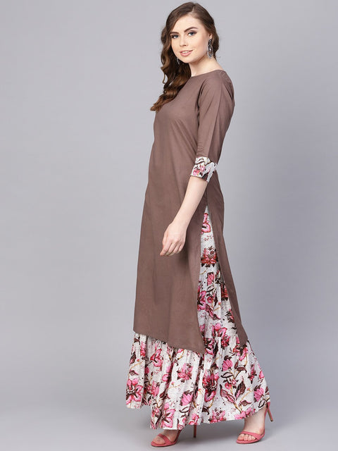Solid coffee Brown 3/4th sleeve cotton Kurta with Printed Floral Sharara