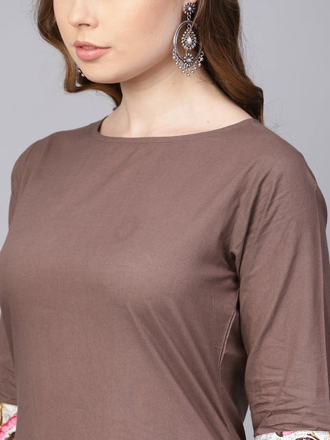 Solid coffee Brown 3/4th sleeve cotton Kurta with Printed Floral Sharara