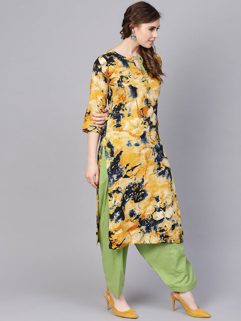 Yellow Marbal Printed Kurta Set with Solid Green Salwar
