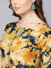 Yellow Marbal Printed Kurta Set with Solid Green Salwar