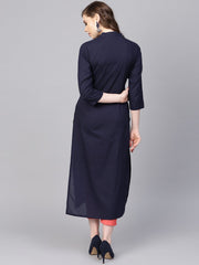 Navy Blue kurta with Contrasting detailed Placket with Madarin Collar