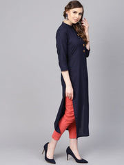 Navy Blue kurta with Contrasting detailed Placket with Madarin Collar
