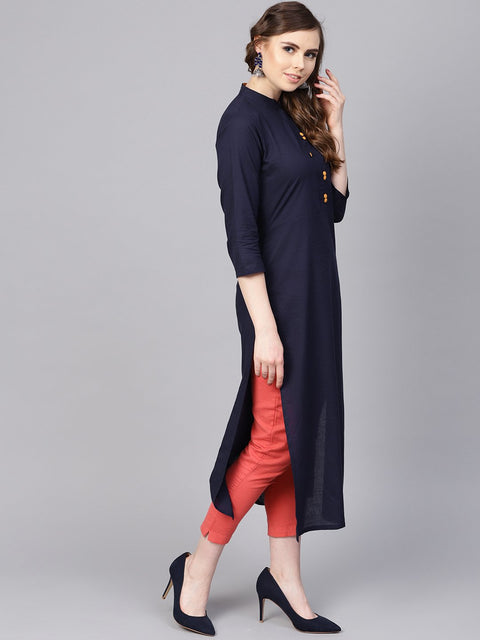 Navy Blue kurta with Contrasting detailed Placket with Madarin Collar