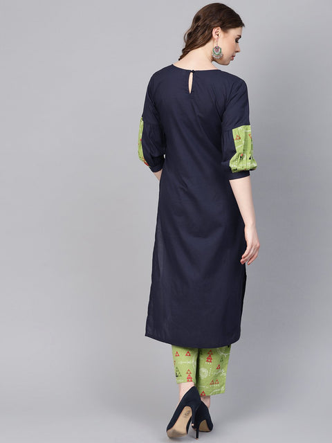 Light green Printed set with Navy Blue Solid Kurta & green printed Palazzo