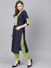 Light green Printed set with Navy Blue Solid Kurta & green printed Palazzo