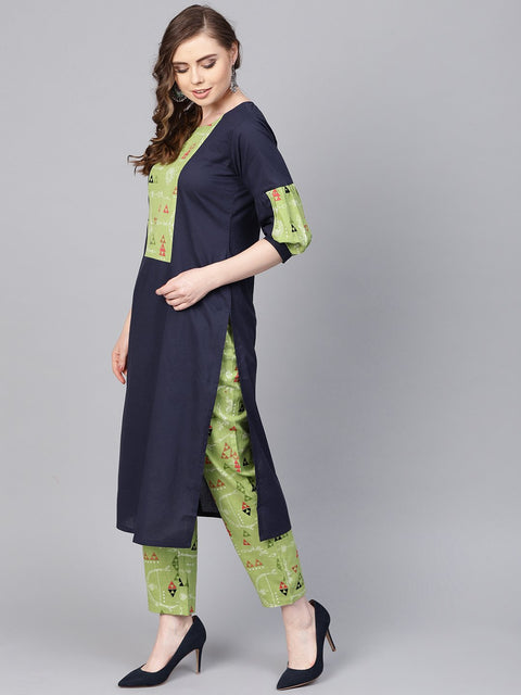 Light green Printed set with Navy Blue Solid Kurta & green printed Palazzo