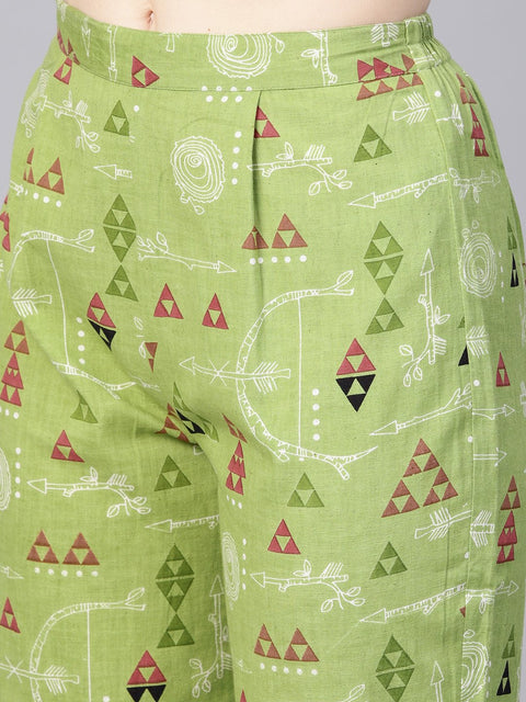 Light green Printed set with Navy Blue Solid Kurta & green printed Palazzo