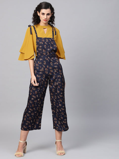 Navy Blue Geometric Printed Knot style Dungree with Mustard Top