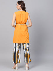 Solid yellow Jacket & Stripped Palazzo Clothing set