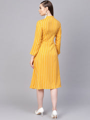 Yellow & white Striped Dress with Madarin Collar & Full Sleeves