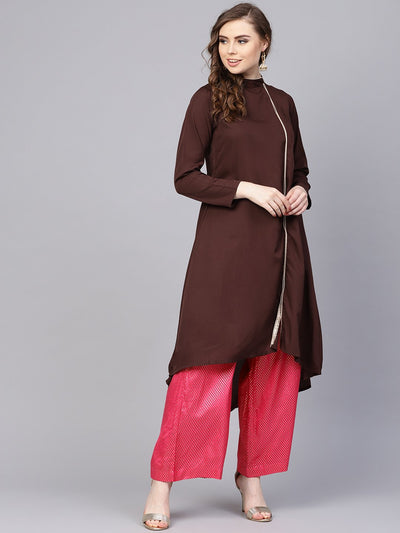 Chocolate Brown Kurta With Side Slit & roll Colllar
