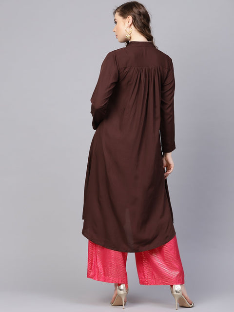 Chocolate Brown Kurta With Side Slit & roll Colllar