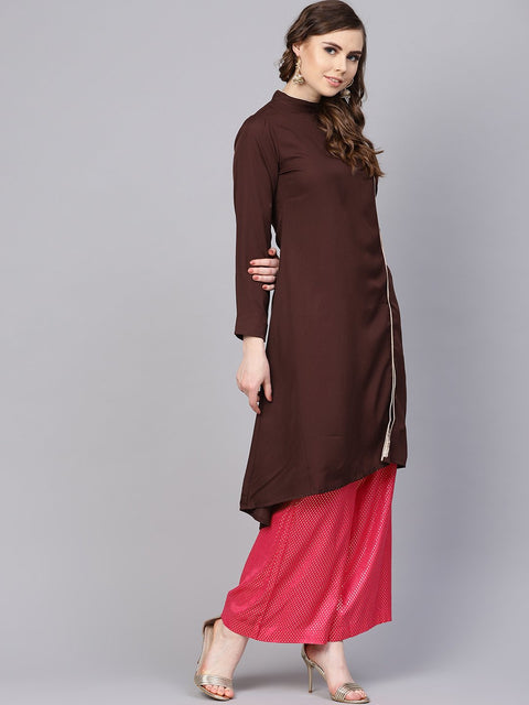 Chocolate Brown Kurta With Side Slit & roll Colllar