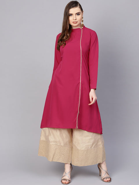 Solid Megenta Kurta With Side Slit & roll Colllar