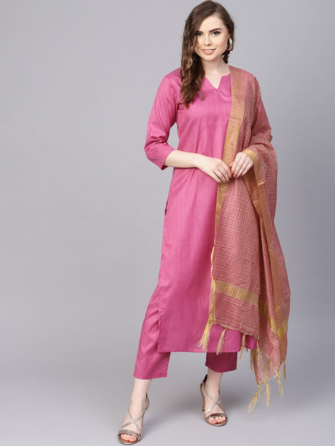 Solid Mauve Kurta set with ankle length Pant & Dupatta