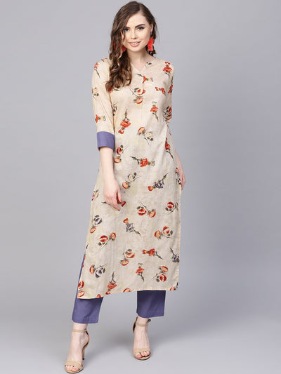 Cream printed 3/4th sleeve cotton Kurta Set  with Solid pants
