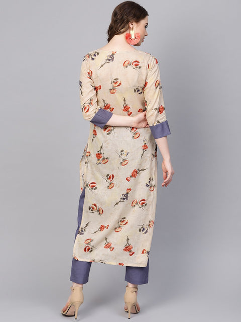 Cream printed 3/4th sleeve cotton Kurta Set  with Solid pants