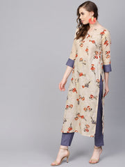 Cream printed 3/4th sleeve cotton Kurta Set  with Solid pants