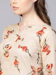 Cream printed 3/4th sleeve cotton Kurta Set  with Solid pants