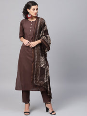 Dark Brown solid Kurta Set With Pants  & Printed Dupatta