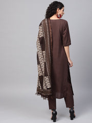 Dark Brown solid Kurta Set With Pants  & Printed Dupatta