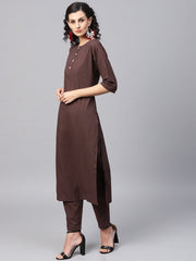 Dark Brown solid Kurta Set With Pants  & Printed Dupatta