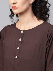 Dark Brown solid Kurta Set With Pants  & Printed Dupatta
