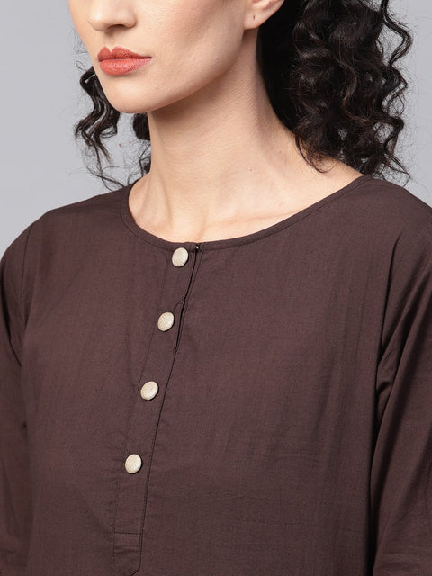 Dark Brown solid Kurta Set With Pants  & Printed Dupatta