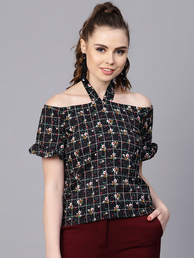 Black Checked floral top with Halter neck & half sleeves