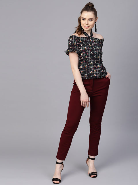 Black Checked floral top with Halter neck & half sleeves