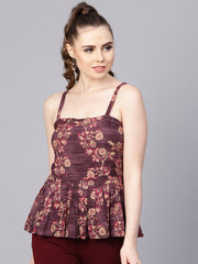 Rayon Burdundy printed peplum style top with Drawstring