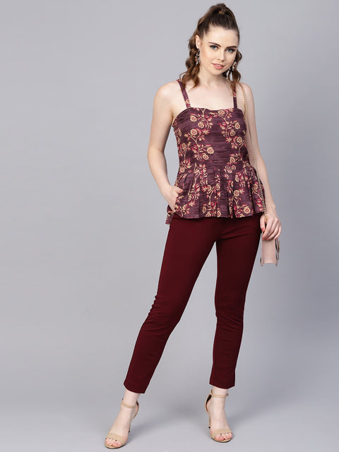 Rayon Burdundy printed peplum style top with Drawstring