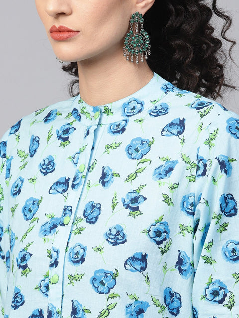 Cotton light Blue Floral printed Kurta Set with Solid light Green Pants