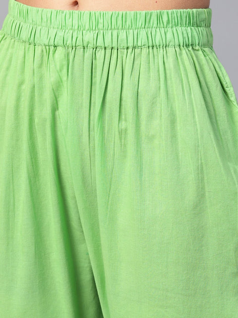 Cotton light Blue Floral printed Kurta Set with Solid light Green Pants