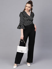 Black Polka dots top with Detailed Sleeves & V-neck