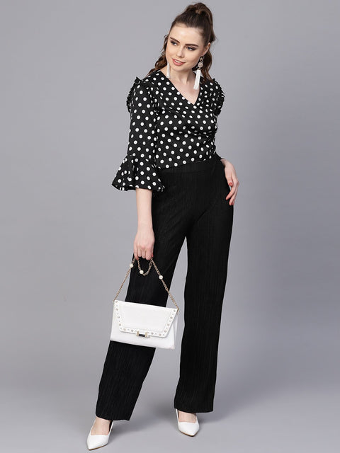 Black Polka dots top with Detailed Sleeves & V-neck