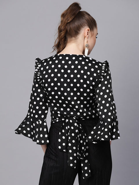 Black Polka dots top with Detailed Sleeves & V-neck