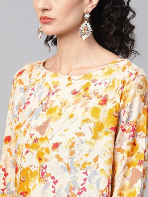 Yellow Coloured Printed Kurta Set with Solid Megenta Pants