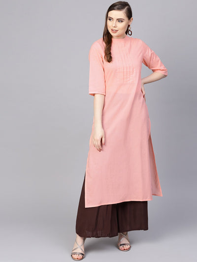 Solid peach kurta with closed collar and pleats in yoke