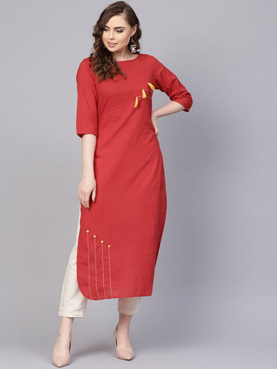 Solid red kurta with thread stitch and tassels detailing with a round neck and 3/4th sleeves